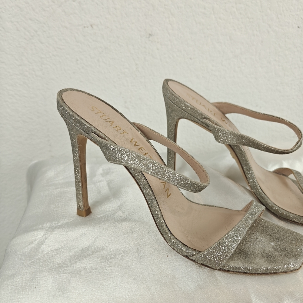Stuart Weitzman Aleena 75 Silver Glitter Sandal Heels, Size 6 Womens - Picture 8 of 11